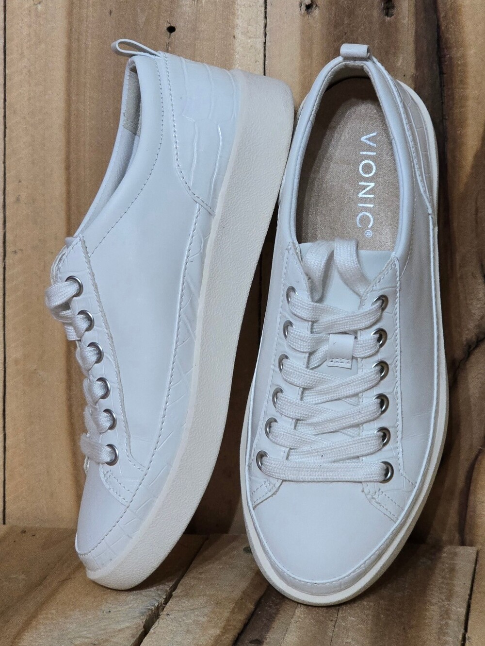 Vionic Winny White Leather Croco Embossed Fashion Sneakers Womens 6 M 36